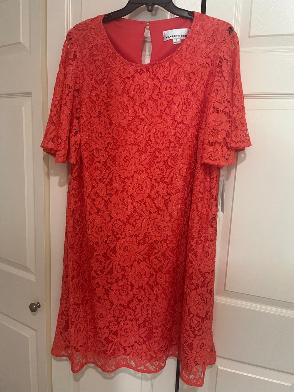 Caroline Rose Coral Lace Midi Dress with Flutter Sleeves